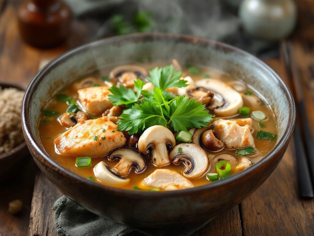 Easy Thai Coconut Chicken Soup A bowl of Thai coconut chicken soup with chicken, mushrooms, and herbs, garnished with cilantro and green onions.